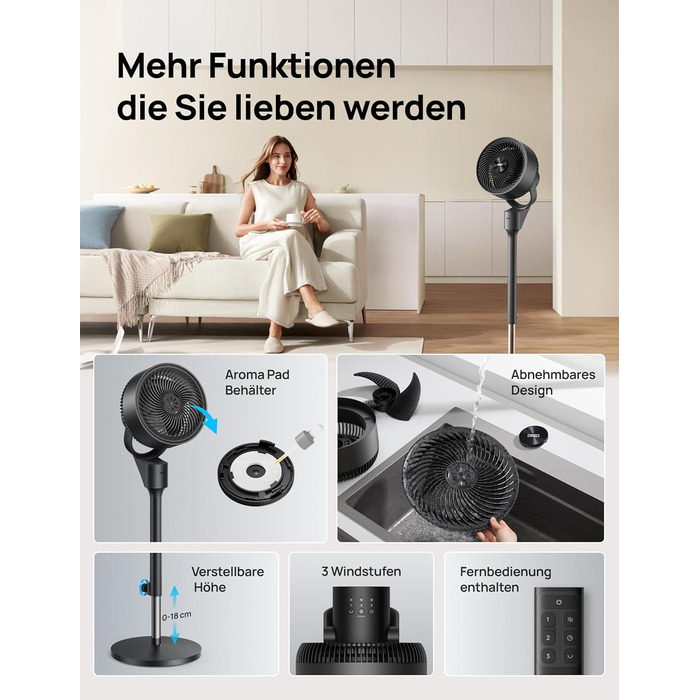 Вентилятор Dreo Leiser Standventilator: тихий, з осциляцією, таймер 6H, дистанційне керування, для спальні, функція ароматерапії (чорний)