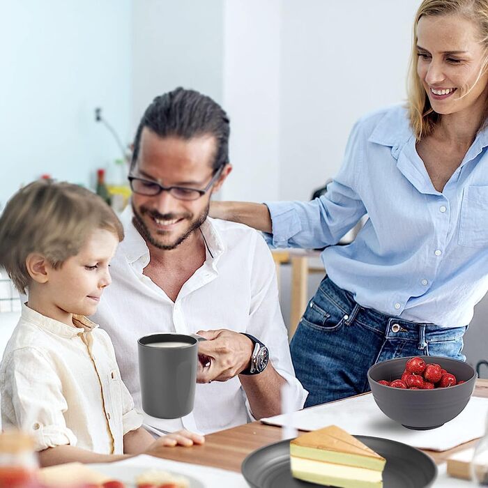 Набір посуду з PP | Легкий та незламний сервіз з 16 предметів для дітей та дорослих, 4 тарілки, 4 десертні тарілки, 4 миски, 4 чашки (сірий)