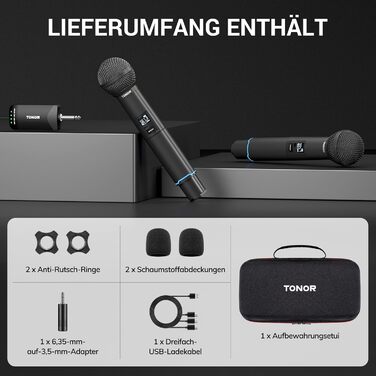 TONOR TW720 Бездротовий мікрофон Bluetooth з металевим корпусом, UHF, 100м, 2 шт. для караоке, вечірок, конференцій