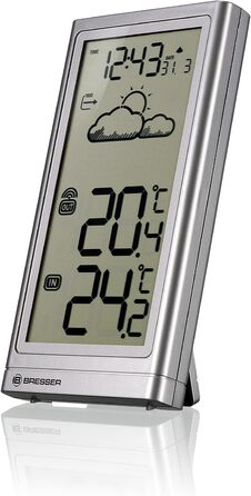 Метеостанція Bresser Meteo Temp з датчиком температури (вуличний/кімнатний), прогнозом погоди, підставкою та кріпленням на стіну, срібляста