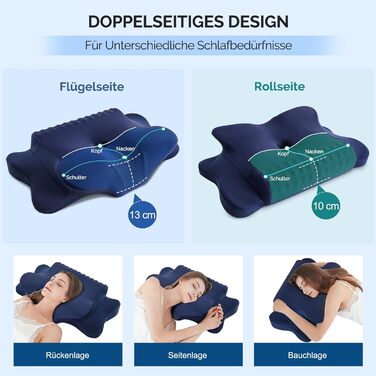 Подушка для шиї FAIORD, подушка з піною з пам'яті, ергономічна подушка для шиї, подушка для сну на боці, на спині та на животі (Темно-синій, 64 x 39 x 13 см)
