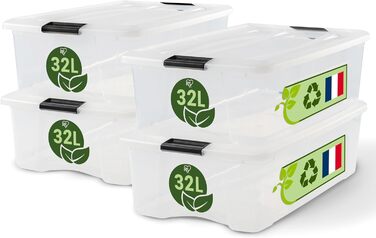 Iris Ohyama Storage Box with Lid, 6-Piece Set, Transparent, Snap Closures with Handles, Stackable, Strong & Durable, For Clothing, Garage, Home, Office, Plastic Box, Storage TB-45 (32L, x4)