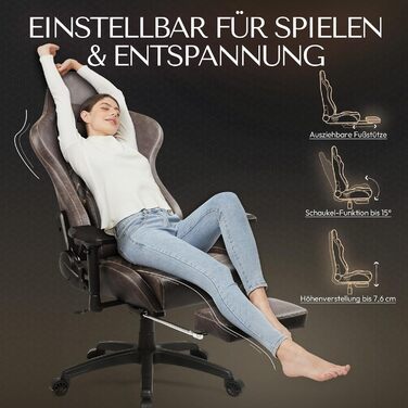 Ігровий крісло Dowinx з PU шкіри, масажна поперекова підтримка та підніжка, регулювання 90°-170°, до 200 кг, для дому та геймінгу (колір: коричневий, 4D)