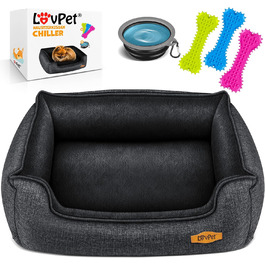 Lovpet® Dog Bed Dog Cushion Dog Basket Chiller, Incl. Bowl + 3X Chew Bones, Dog Sofa Cushion for Small, Medium & Large Dogs, Removable and Washable Cover, L 90 x 75 x 25 cm (L (90 x 75 x 25 cm), Anthracite)