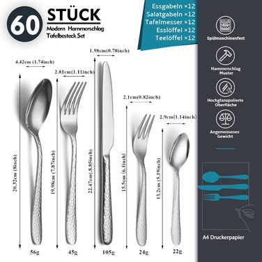 Набір столових приборів з нержавіючої сталі EIUBUIE 60 предметів, молоткова обробка, для 6 осіб, поліровані, для дому та вечірок, можна мити в посудомийній машині