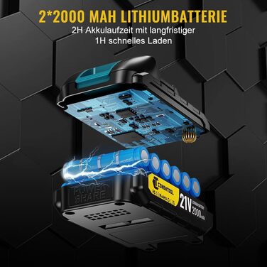 Акумуляторний шуруповерт/дрель 21V з набором 25+3 ступені крутного моменту, 45Н.м, 2*2Ah акумулятори, LED-ліхтар, кейс, 30 аксесуарів, синій
