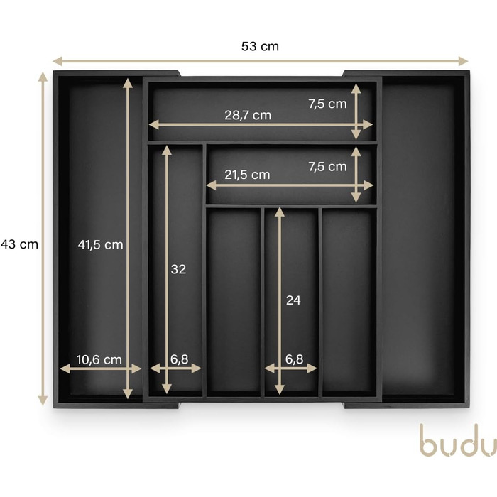 Органайзер для кухонних ящиків Besteckkasten #47 (глибина 47 см) з бамбука, чорний - висувний, система організації для столових приборів