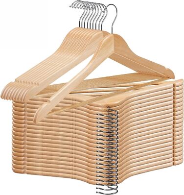 Дерев'яні вішалки для одягу, набір 20 шт. – міцні дерев'яні вішалки з перекладиною для штанів, з виступами та 360° гачком для костюмів, сорочок та курток