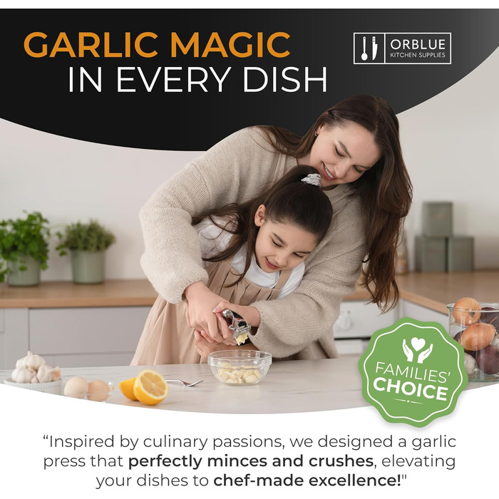 ORBLUE Прес для часнику з нержавіючої сталі червоний – Преміум прес для часнику та тертка для часнику – Прес для часнику з силіконовим очищувачем та щіткою, міцний, ергономічний та придатний для миття в посудомийній машині