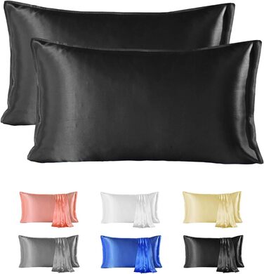 Silk 22 Momme Silk Pillowcase Set of 2, 100% Mulberry Silk Pillowcase for Hair and Skin with Envelope Closure, Soft and Smooth Silk Pillowcase, 50 x 66 cm Black