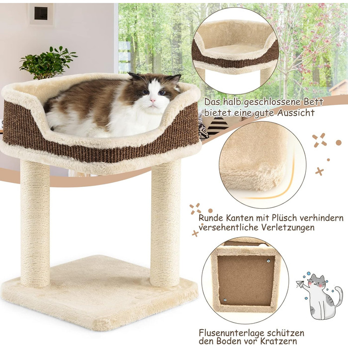COSTWAY Cat Tree Small, Cat Tree with Large Plush Seat, Wooden Cat Scratching Post, Cat Furniture Climbing Tree, Activity Tree Play Tree, Natural Sisal Tower with Scratching Posts (Beige)