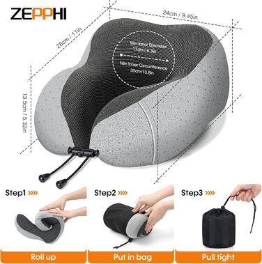 Подушка для шиї у літак - подушка для подорожей з регулюванням Memory Foam - подушка-вишенка з м'яким, дихаючим чохлом - ідеально для кемпінгу, офісу, авто, літака, подушка для сну (Сірий)