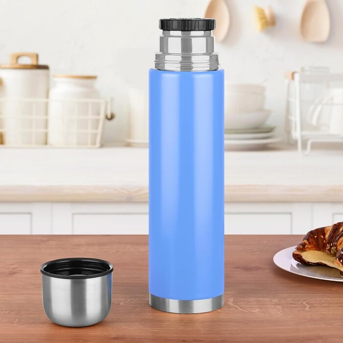 Термос GRÄWE з нержавіючої сталі, 1 л/350 мл, блакитний, з чашкою, для напоїв, ізотермічна пляшка, миється в посудомийній машині