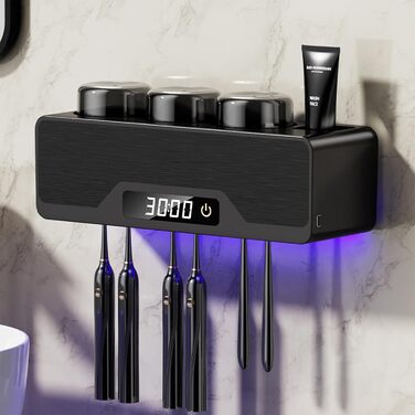 Wall-Mounted Toothbrush Holder, Smart Cleaner Case with Drying and Cleaning, Toothbrush Holder with 6 Toothbrush Slots, Multifunctional Toothbrush Holder with 3 Cups for Bathroom (Black)