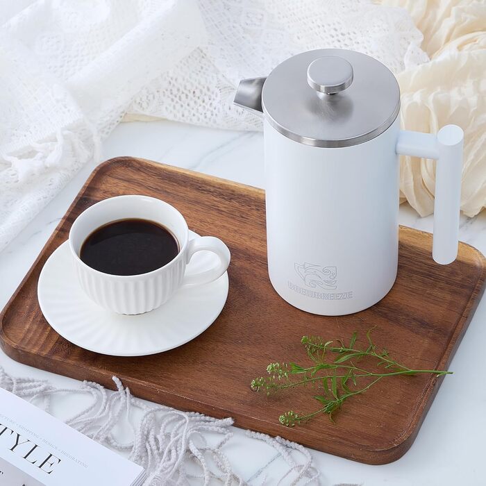 Набір для приготування кави френч-прес, 1 літр, нержавіюча сталь (матова біла)