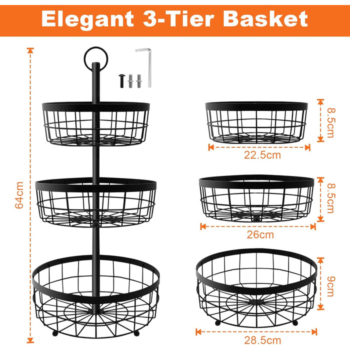 Металева фруктова етажерка Yiomxhi 3 ящики, чорна – для зберігання фруктів, овочів, хліба та закусок
