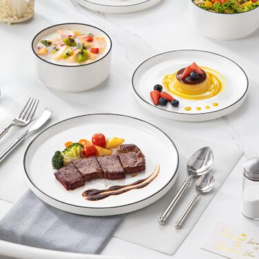 MALACASA, Leah Series, Dinnerware Set for 4 People, 12-Piece Porcelain Tableware Set, Combination Set, White Dinnerware with Black, Dinnerware Set consisting of 4x Dinner Plates, 4x Dessert Plates, 4x Cereal Bowls with Black Rim, 12-Piece