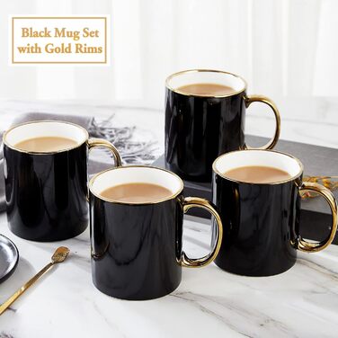 DUJUST Black Coffee Cup Set of 4 (470ml), modern and stylish design with handcrafted gold trim, black and gold cup for coffee, beautiful and elegant top-grade porcelain mugs