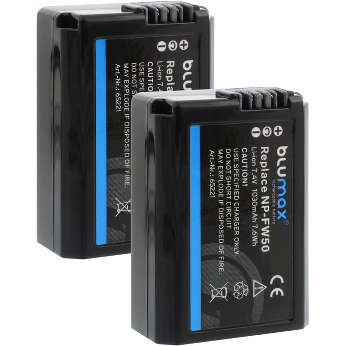 Акумулятор Blumax сумісний з Sony NP-FW50 1030mAh + Зарядний пристрій Slim Dual для Sony Alpha 7/7II/7R/7S II/6300/6500/NEX-7/NEX-F3/DSC RX10 IV/ZV-E10