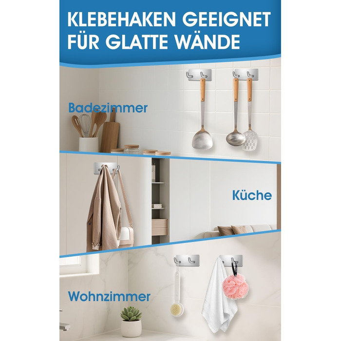 Набір гачків для рушників без свердління, 10 шт., самоклеючі гачки з нержавіючої сталі 304, надміцні клейкі гачки для великих предметів, гачки для стін без свердління для ванної, туалету та кухні, стійкі до корозії, гачки для рушників (подвійні *6)