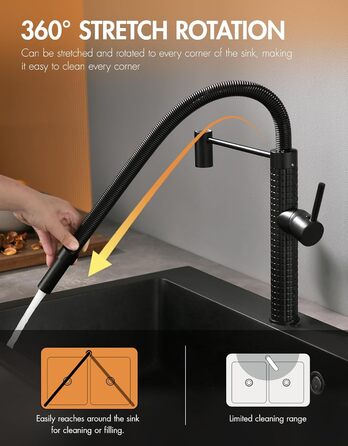 Чорний кухонний змішувач TIMACO висувний, 360° поворотний, для кухонної мийки | Змішувач для кухні