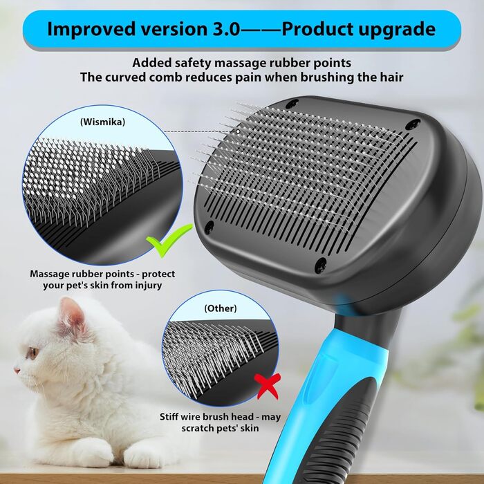 Двостороння щітка для грумінгу собак та котів 2-в-1, для видалення підшерстка, самоочисна (блакитна)