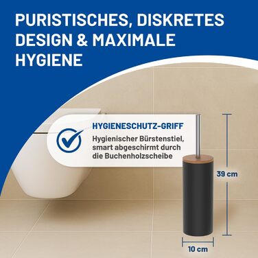 Набір для туалету Rival Life Style чорного кольору з круглою щіткою, ручка з нержавіючої сталі та кришка з масивного бука – ергономічна щітка для туалету для швидкого та ретельного прибирання