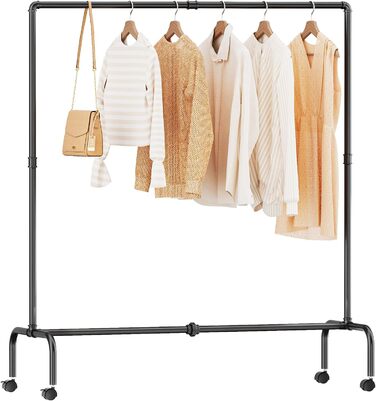 FANHAO Clothing Rack with Wheels, Industrial Heavy-Duty Pipe Clothing Rack, Rollable Garment Rack for Hanging Clothes, 250 lb (113 kg) Weight Capacity, 2 Brakes, Matte Black