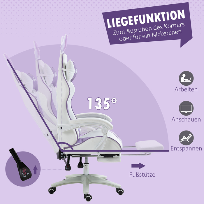 Ігрове крісло Vinsetto Ergonomic Gaming Chair з підтримкою попереку, підставкою для ніг, ігровий диван з вушками, подушкою для голови, офісне крісло з регульованою спинкою та функцією відкидання, фіолетовий | Aosom