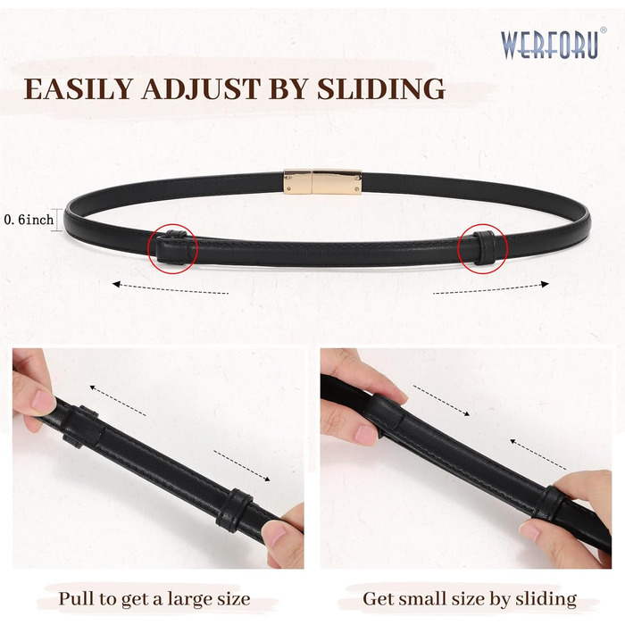 Жіночий шкіряний ремінь WERFORU: тонкий, регульований, з декоративною золотою пряжкою. Довжина 105 см, підходить для розміру талії до 93 см.