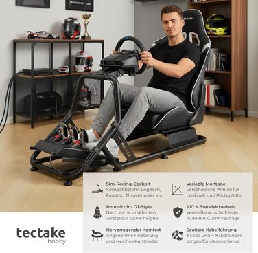 Ігровий симулятор Sim Racing Cockpit tectake® для Fanatec, Logitech, Thrustmaster, регульоване гоночне крісло GT-Style, сталевий каркас, до 120 кг, чорний