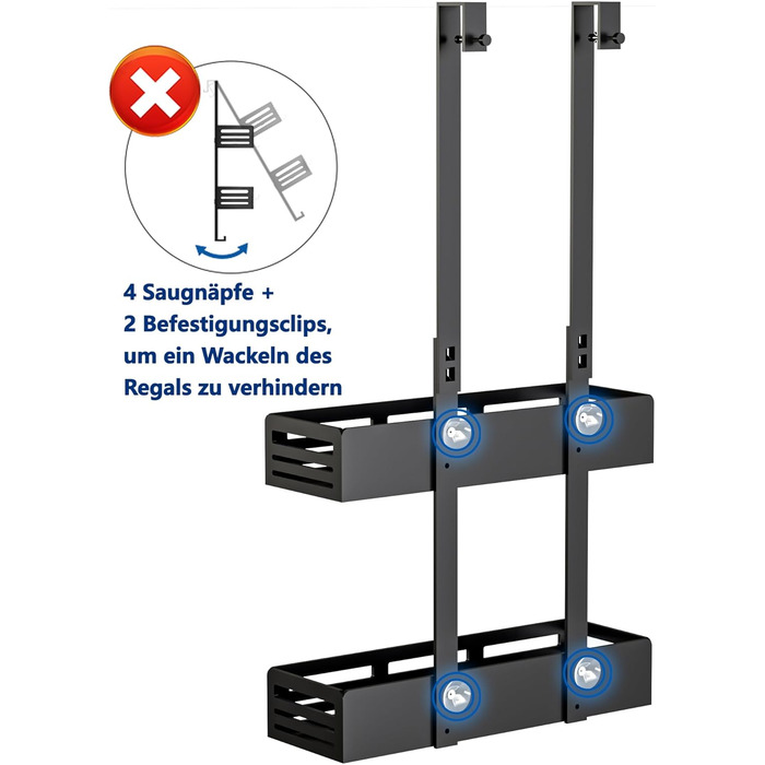 Настінна поличка для душу Hawsam з 2 кошиками та 4 гачками, без свердління, чорна
