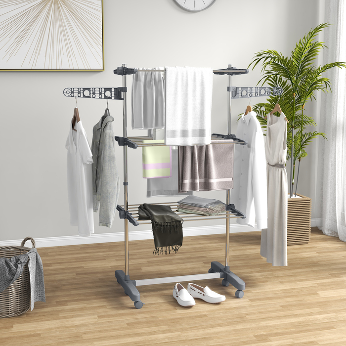 HOMCOM Clothes Dryer Tower Clothes Rack with Wheels, 3 Levels, Foldable Standing Dryer with Side Wings, Clothes Tower, Steel, Grey | Aosom