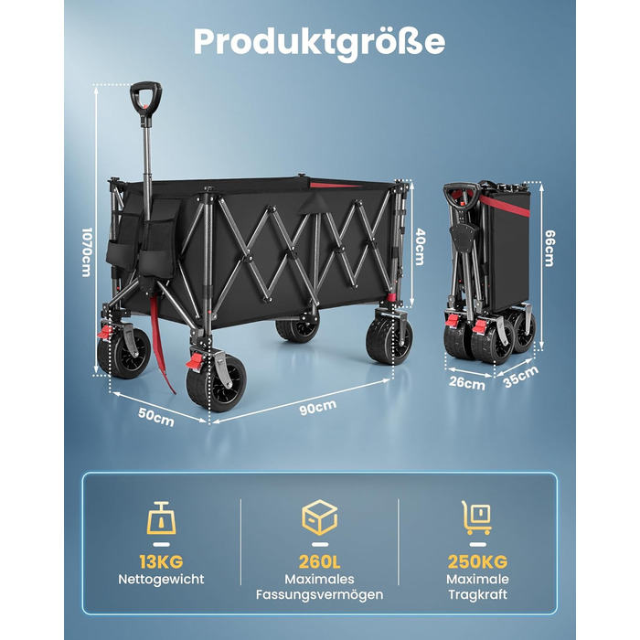 Універсальний складаний візок YEAUPE PRO 260L (250 кг) для пляжу, саду, покупок: міцний, чорний