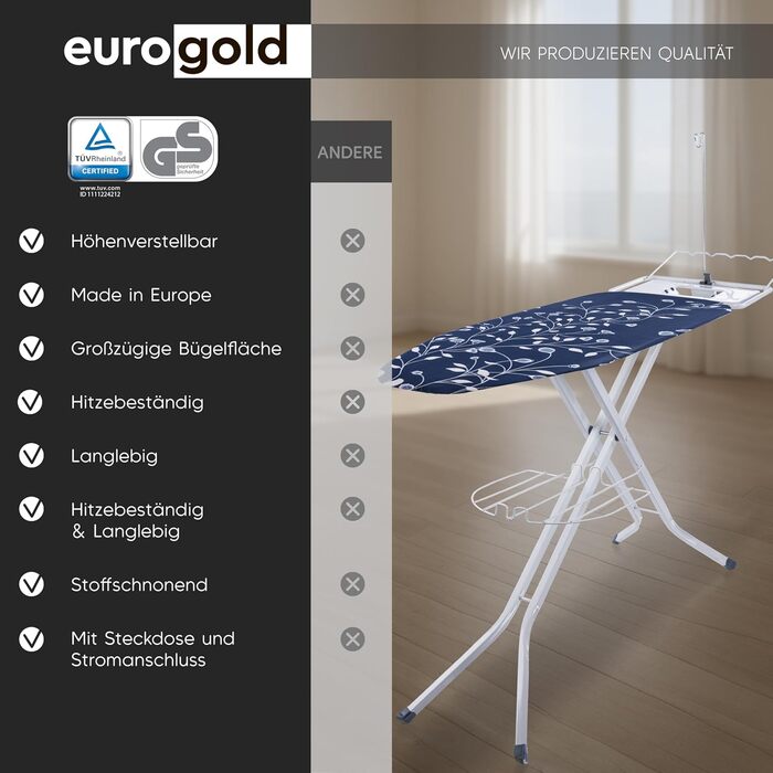 Прасувальна дошка EUROGOLD® XXL 120x42 см з розеткою для парогенератора (Made in Europe) - стабільна, регульована по висоті (BLAU, сірий)