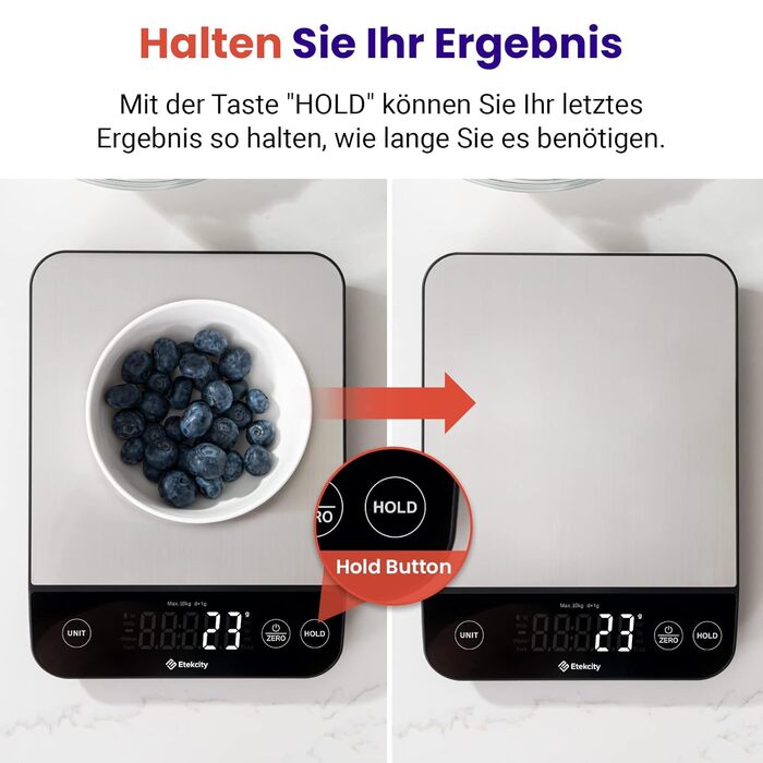 Etekcity Digital Kitchen Scale - 1g Precision, 10kg Capacity, LED Display, Tare Function, USB Rechargeable, Stainless Steel