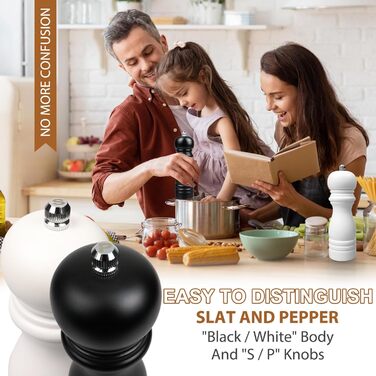 Набір з 2 дерев'яних мельниць для солі та перцю з регульованим млинком, великі, керамічні, ручні для морської солі, чилі, чорного та білого перцю