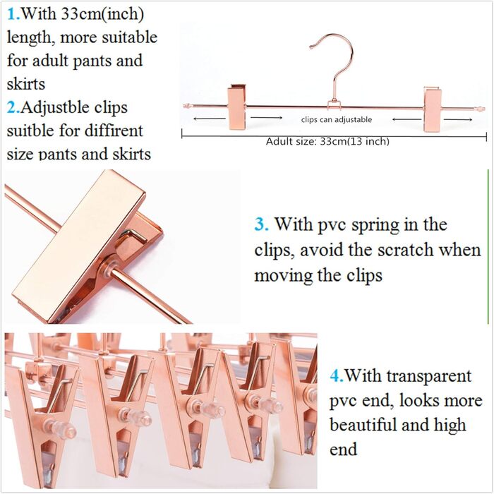 20 шт. Міцні вішалки для штанів та спідниць Rose Gold (мідь) з обертовими гачками та регульованими кліпсами