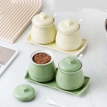 Ceramic Sugar Bowl with Spice Jars, Sugar Bowl with Lid, Sugar/Salt Pot/Seasoning Canister, Sugar Storage Jar, Sugar Pot, Sugar Container/Spice Jar (Green)