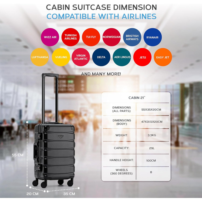 Чемодан Flight Knight Premium Travel - 8 коліс, алюмінієва рама, ABS корпус, 55x35x20 см, чорний