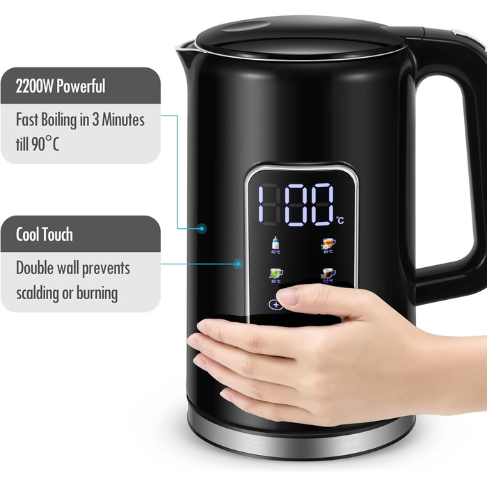 Електричний чайник ForMe з нержавіючої сталі, 1,7 л, регулювання температури 40-100°C, LED дисплей, функція підтримання тепла, без BPA (чорний)