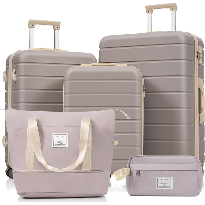 Набір валіз Merax Hartschalen 5шт: 3 валізи, 2 косметичні сумки, рожево-бежевий та хакі