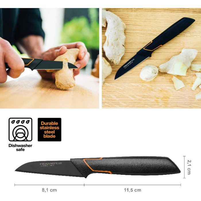 Ніж для чищення овочів Fiskars Design Edge 8 см, березове дерево, чорний 1003099