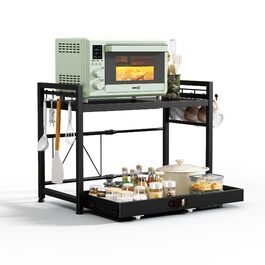 Підставка для мікрохвильової печі NETEL 2-рівнева, кухонна, з тримачем для напоїв та кошиком, чорна, висувна 40-60 см