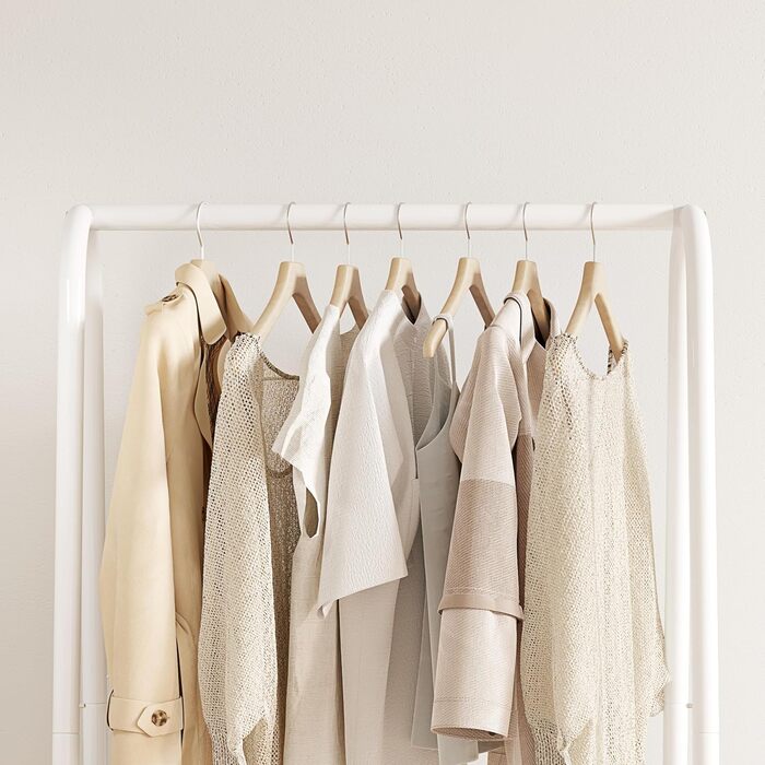 Robust metal clothes rack with double shelves for hanging clothes. Freestanding portable metal clothes rack, 62 L x 35 W x 157.5 H cm. Space-saving, Gold (White)