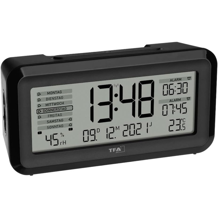 TFA Dostmann Digital Radio Alarm Clock BOXX2, 60.2562.01, German display, 2 alarm times, room climate monitoring, with weekday, with battery, black, (L) 138 x (W) 52 x (H) 72 mm