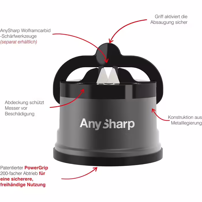 Механічна точилка для ножів AnySharp Pro, метал, PowerGrip, для всіх кухонних ножів, підходить для загартованої сталі та з хвилястою кромкою, світова якість, колір гангметал