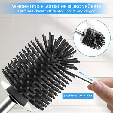 Силіконова щітка для унітазу Klobürste – гігієнічна щітка з нержавіючої сталі 304 з змінним насадком, для дому, готелю, ванної кімнати (розміру Gebürstetes Silber)