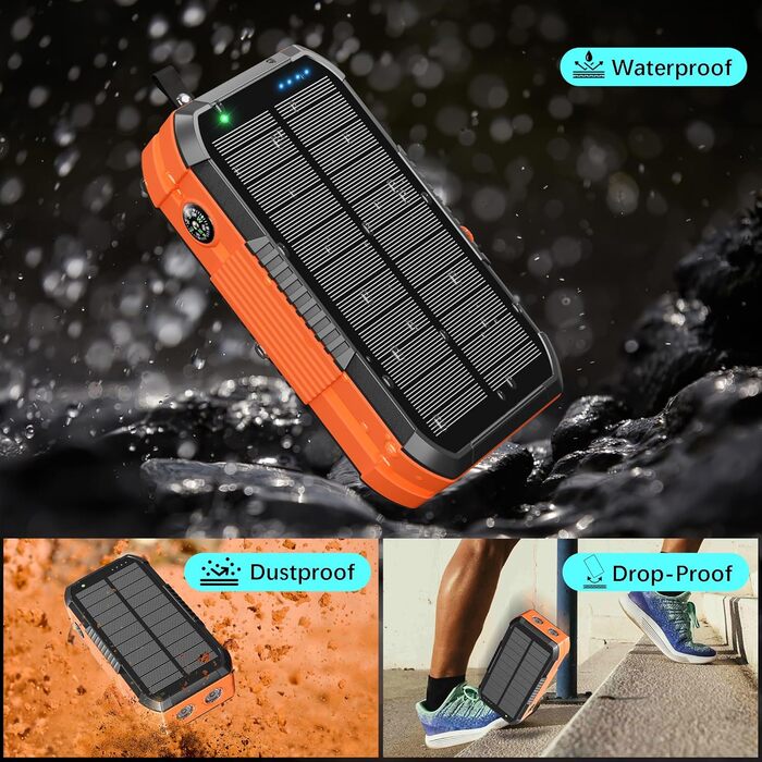 Портативний зарядний пристрій 70000mAh з сонячною панеллю: Power Bank з PD 30W, бездротова зарядка, 6 виходів USB, ліхтарик, компас, ручка для підзарядки, для кемпінгу та активного відпочинку, помаранчевий