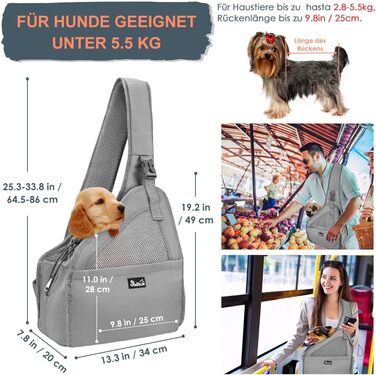Dog-friendly baby sling/wrap for dogs, hands-free travel bag for small pets with adjustable straps, hardboard base, safety belt, for dogs up to 2.8kg, wider version (L - For pets under 5.5kg), Grey